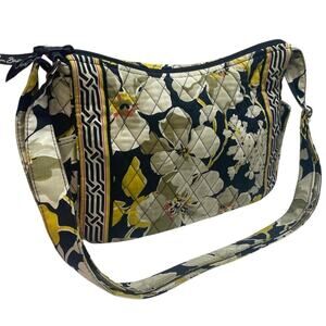 Vera Bradley Black Tan Yellow Magnolia Flower Adjustable Strap Center Zip Purse